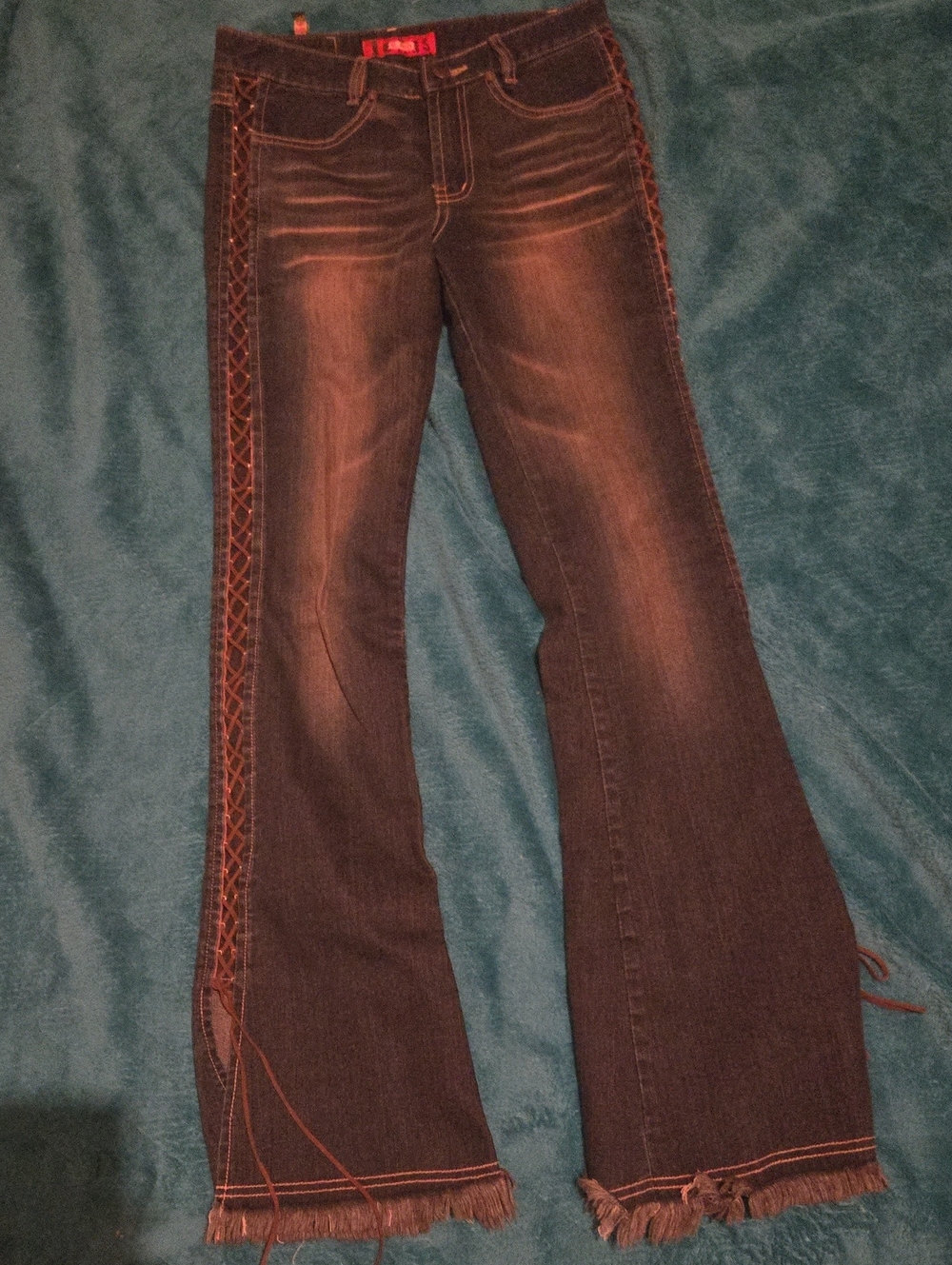 Women’s Dark Wash Lace-Up Side Jeans - Brown Trim